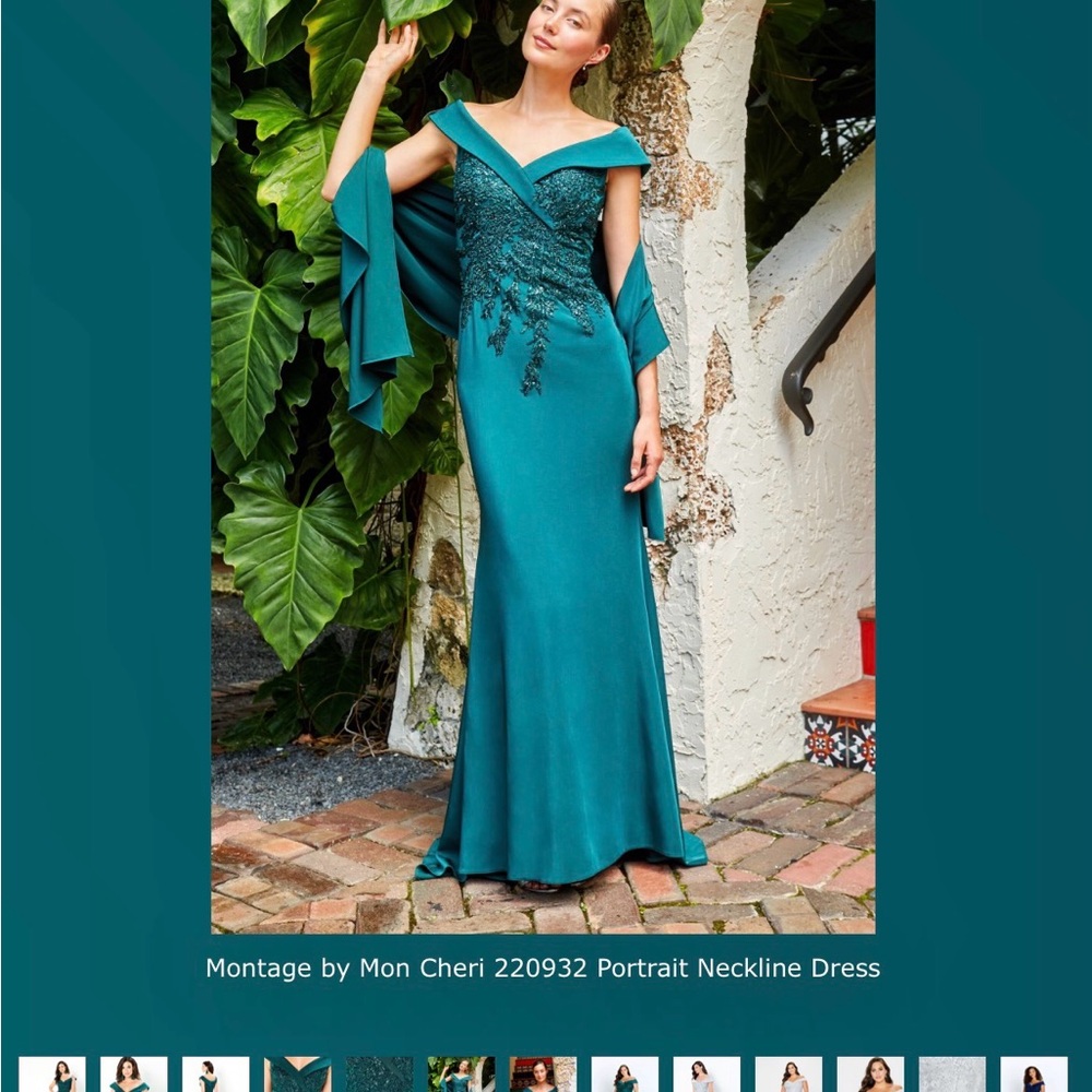 Montage by Mon Cheri Teal/Emerald Off-Shoulder Formal gown